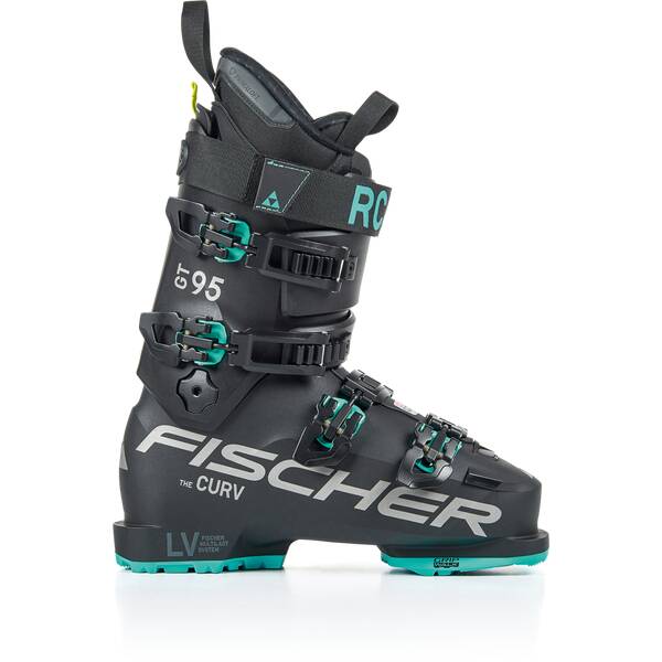 The black and teal FISCHER THE CURV GT 95 VAC GW SKI BOOT features multiple adjustable buckles, Primaloft insulation, RC4 95 graphics, and a sturdy sole for alpine skiing.