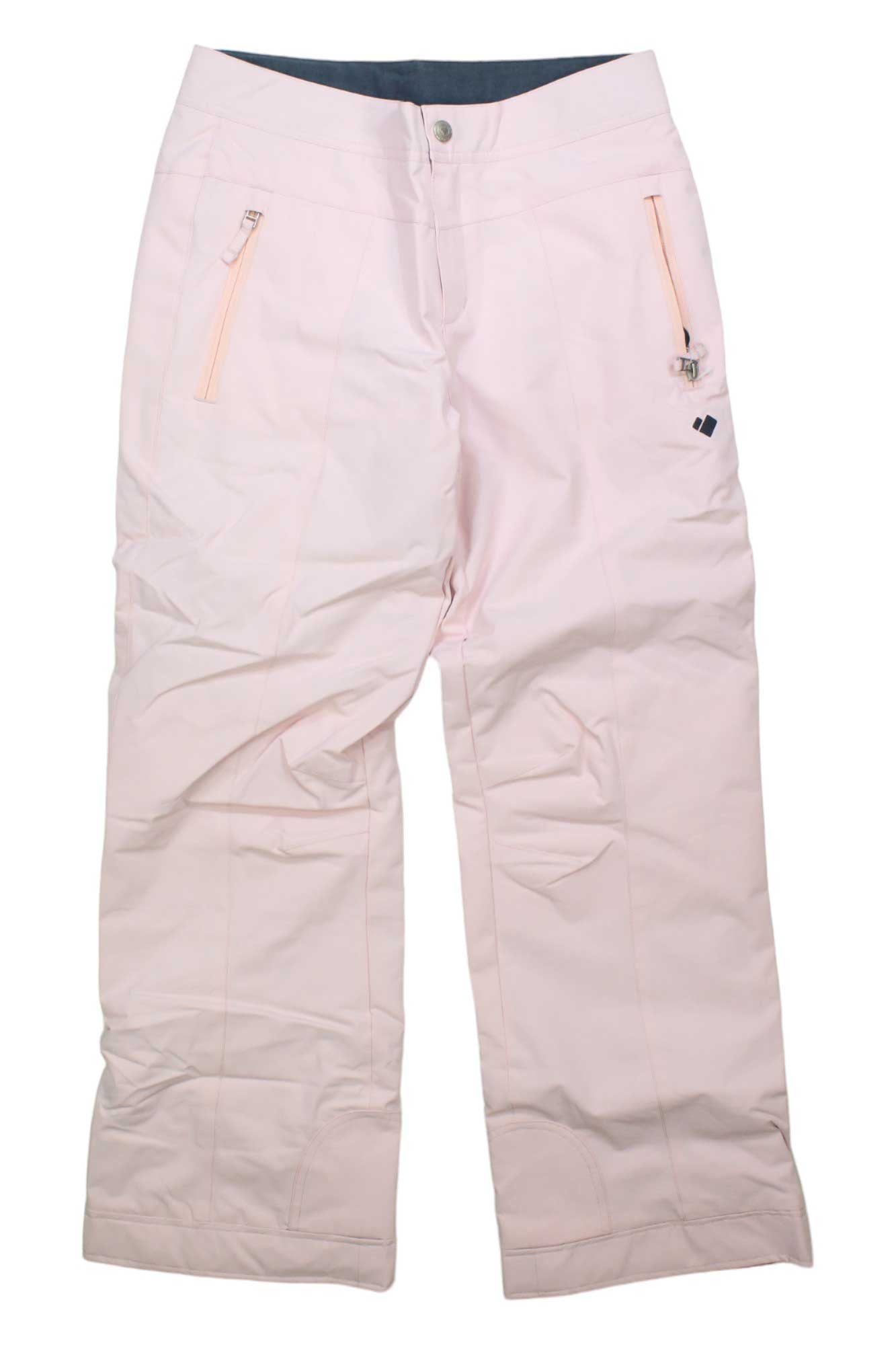 Obermeyer Brooke Insulated Snow Pants in light pink for girls feature front zipper and button closure, two zippered pockets with peach accents, subtle stitched detailing, a relaxed fit, and are shown laid flat on a white background.