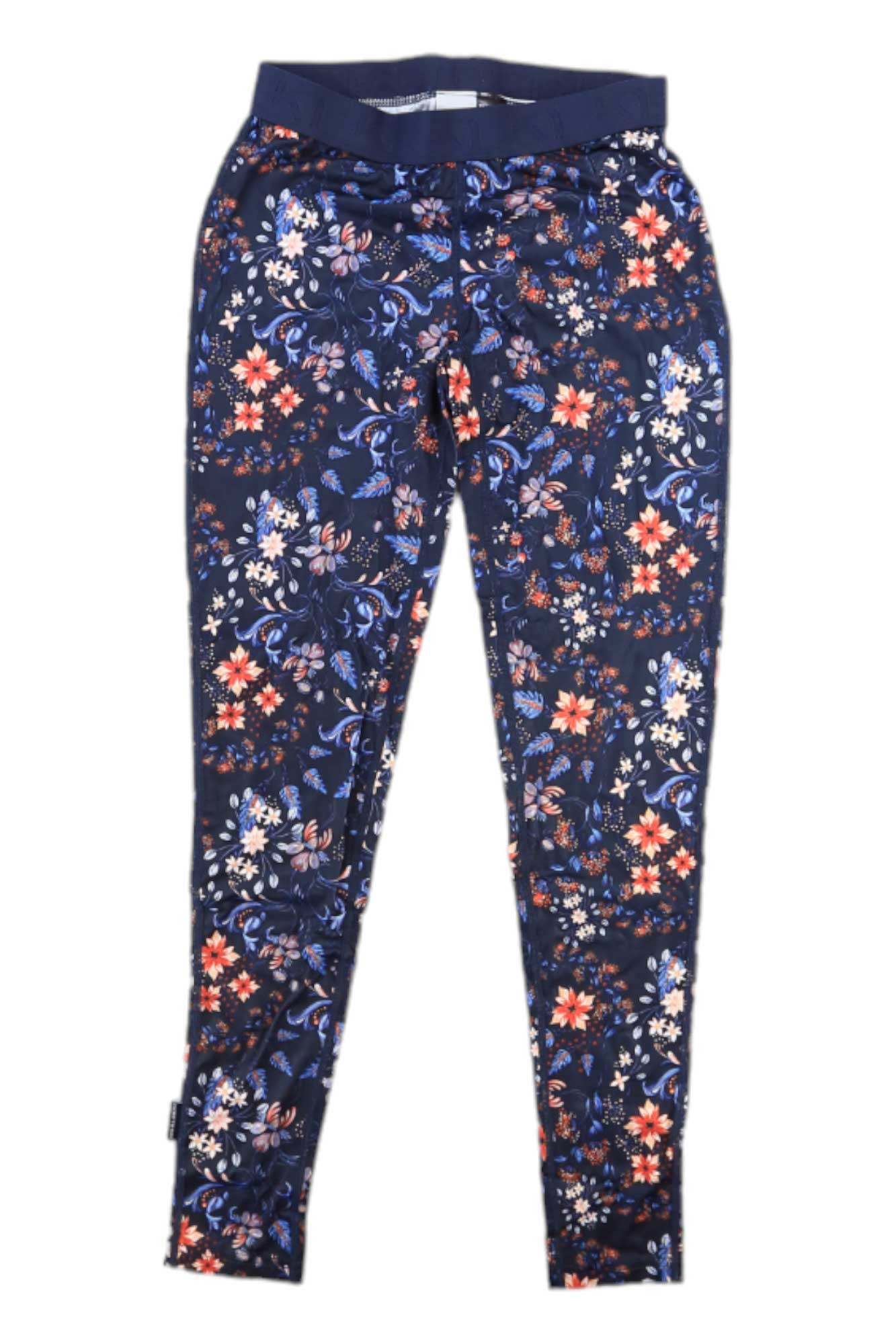 The Fryd Base Layer Pants are navy leggings with an allover floral print in orange, white, and blue. These moisture-wicking women's bottoms keep you dry and comfortable—ideal for layering or wearing alone.