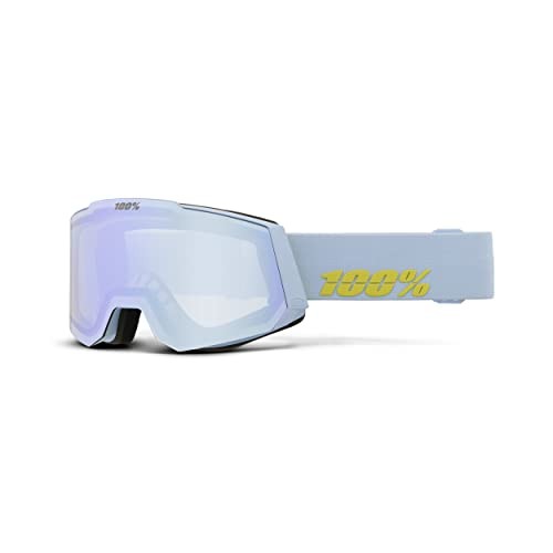 The 100% SNOWCRAFT HiPER Premium Protective Goggles feature light blue frames, a reflective HiPER lens, and a thick strap with the yellow 100% logo. Ideal for skiing or motocross, they provide advanced clarity and dependable eye protection.