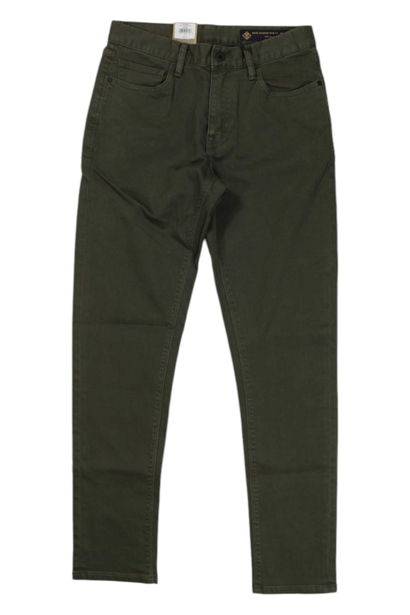 Men's 5-pocket pants, olive green with belt loops, button closure, straight leg.