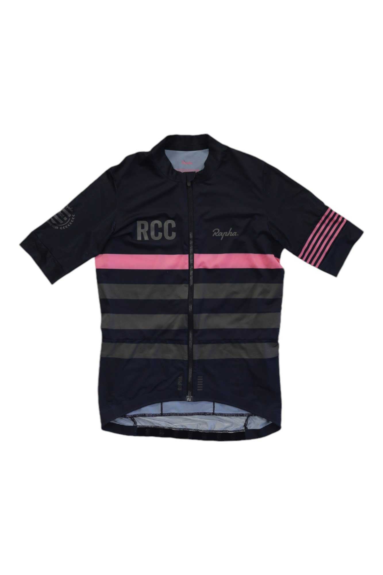 Rapha RCC Pro Team cycling jersey, navy with pink center stripe and dark horizontal bands