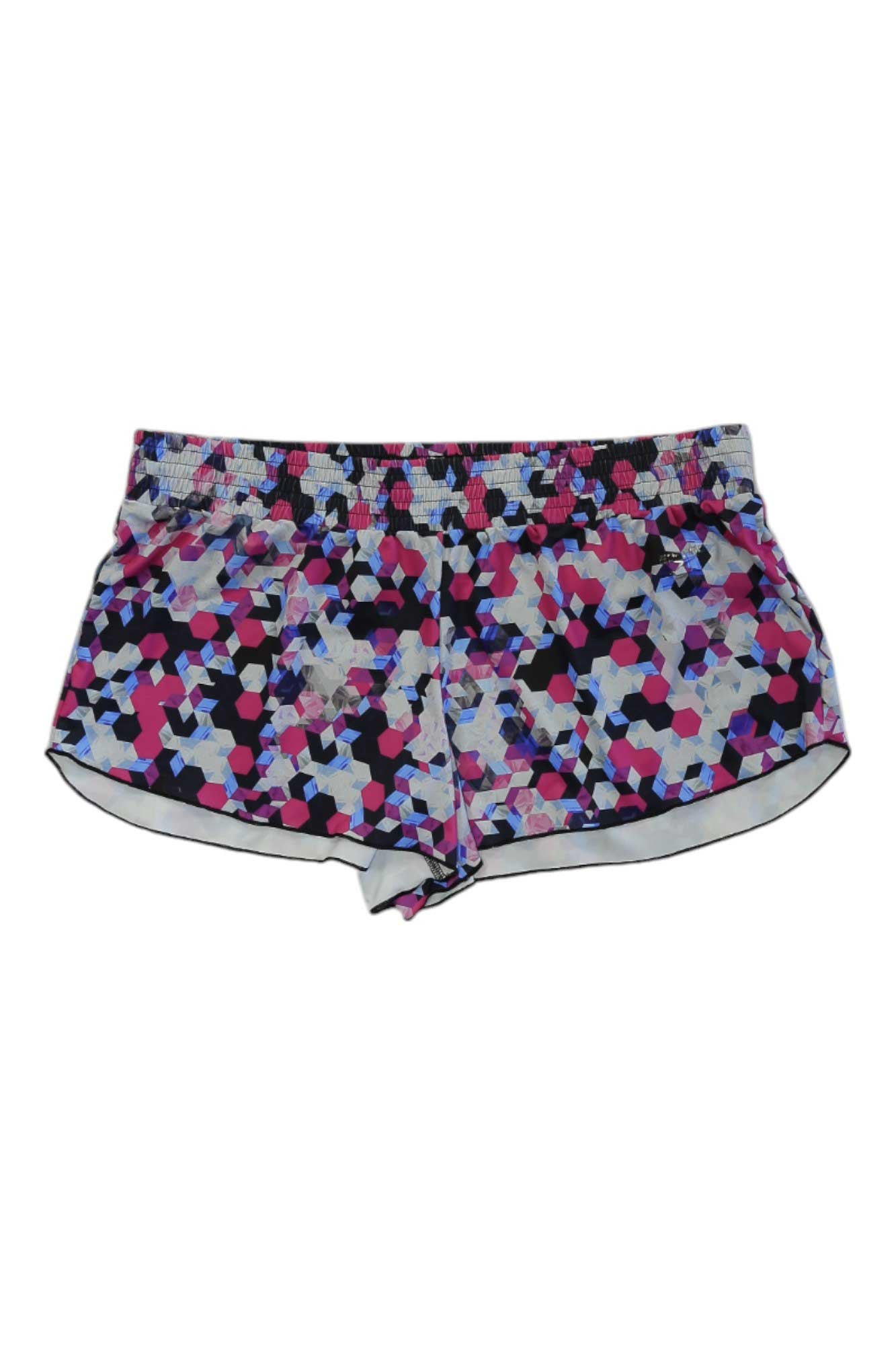 The Speedo Womens Printed Coverup Short features an abstract hexagon print in pink, purple, blue, black, and white, UPF 50+ sun protection, elastic waistband, and curved hems—ideal as a stylish women's athletic coverup.