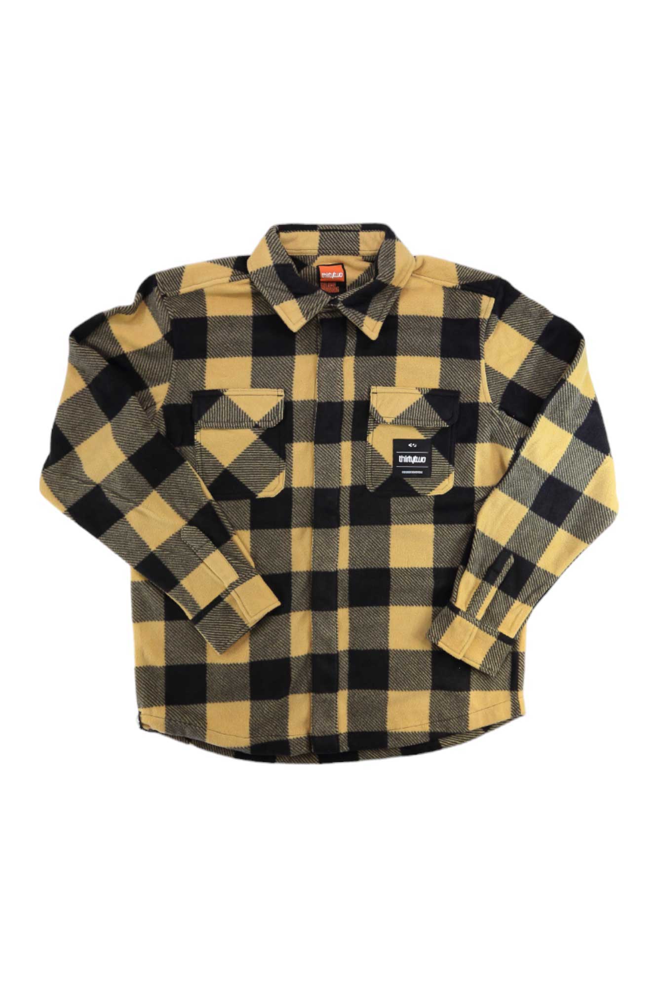 The ThirtyTwo Mens Rest Stop Shirt in yellow and black plaid has long sleeves, two chest pockets, button closures, and moisture-wicking fabric—perfect for outdoor use. Shown laid flat on a white background.