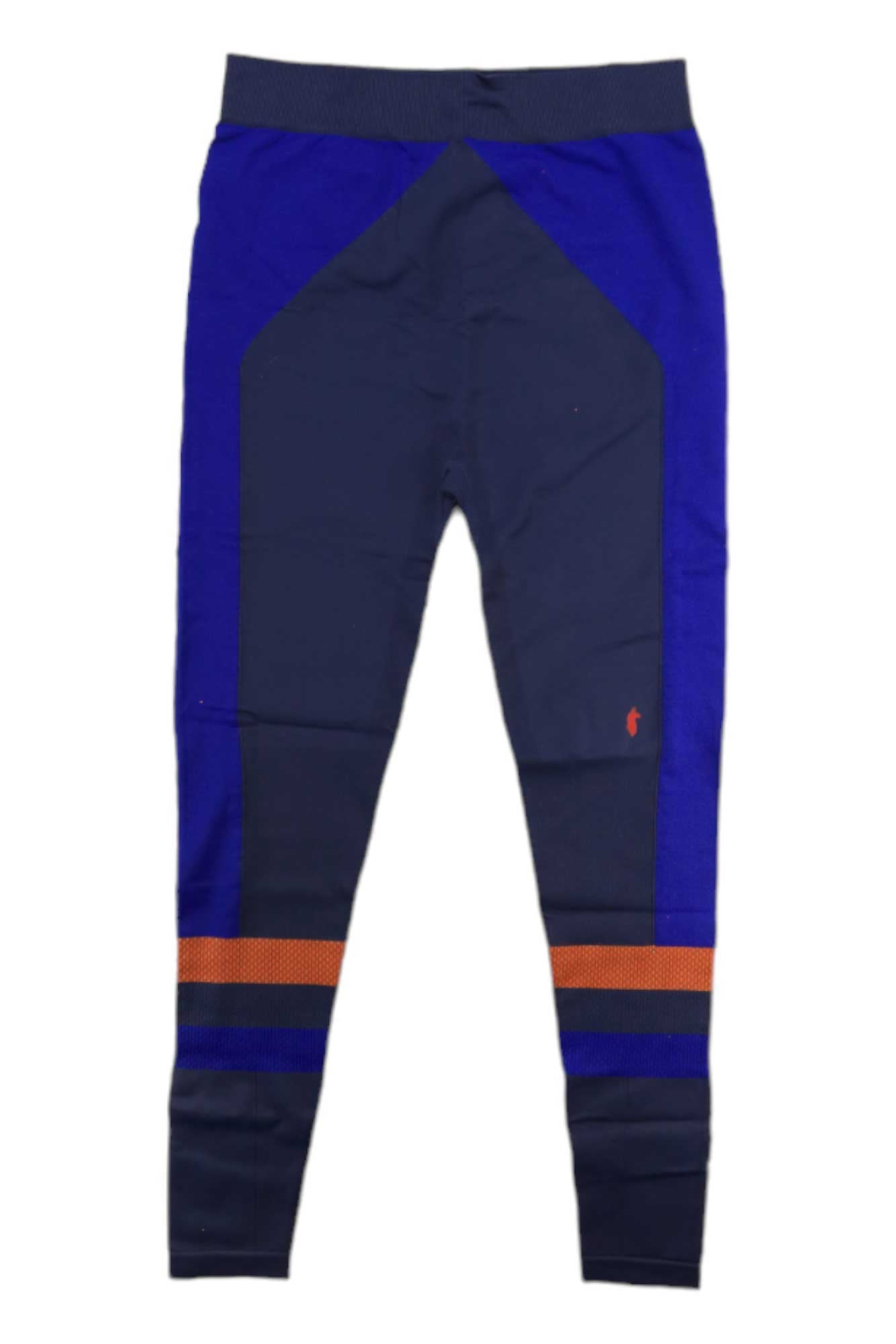 The Cotopaxi Men's Debajo Seamless Baselayer Tight is a navy blue legging made from recycled materials, with royal blue side panels, orange and navy stripes near the ankles, and a small red logo on the left thigh.
