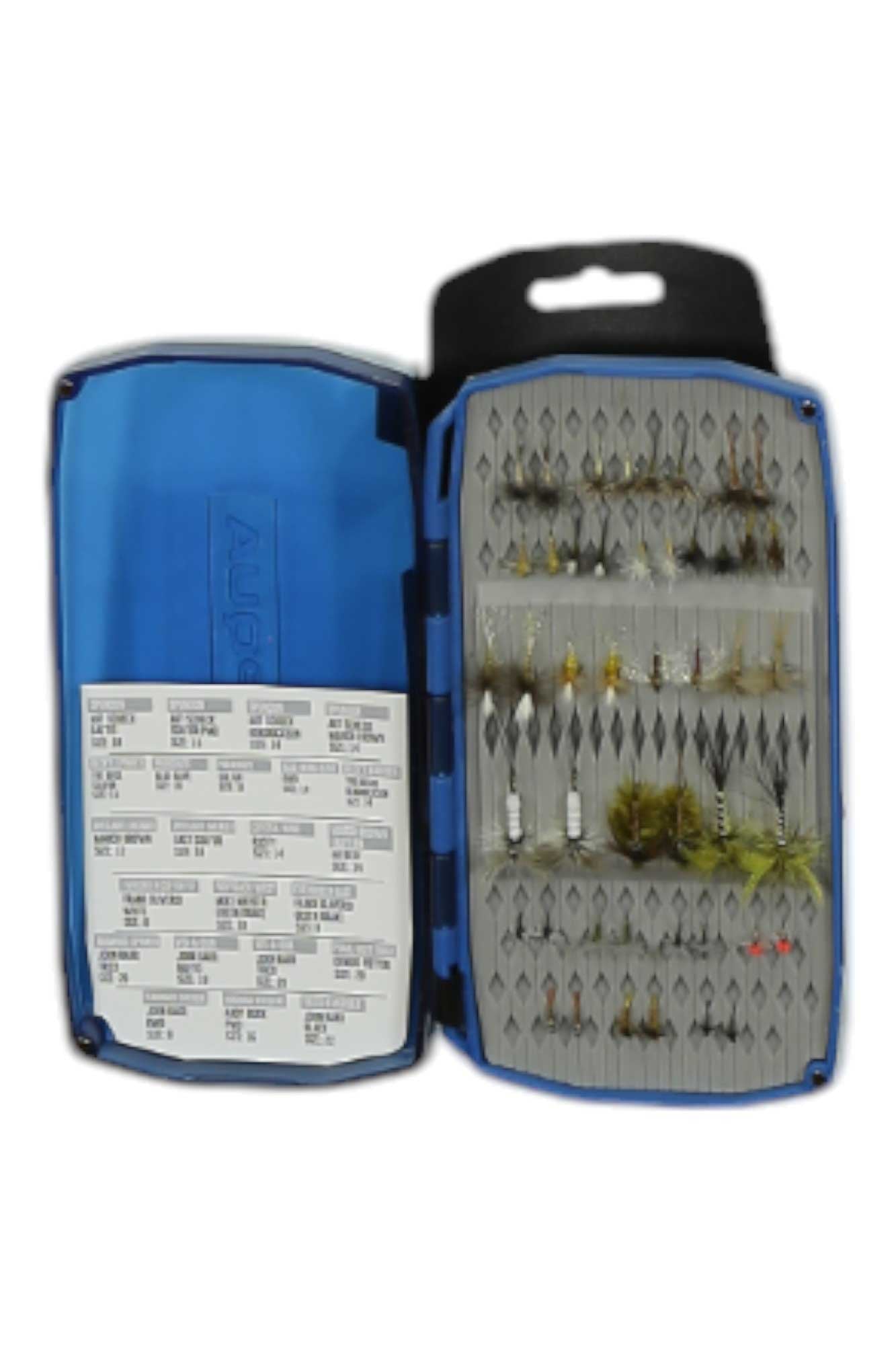 Fly assortment in open blue case with multiple green and gray lures on trays