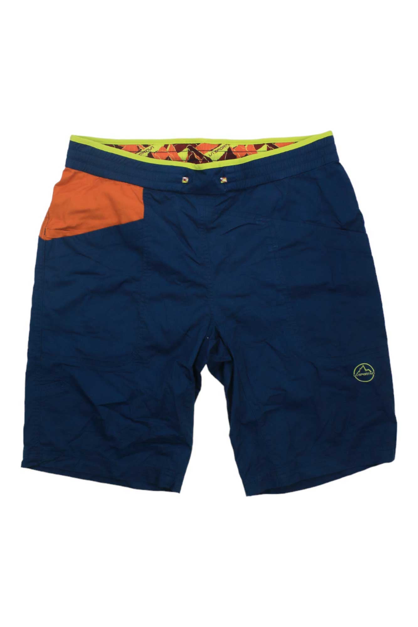 The La Sportiva Mens Bleauser 12 Inch Short features blue organic cotton, an orange left pocket, a green patterned waistband, and a small geometric logo on the lower right leg for comfort and durability.