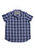 The Eddie Bauer Travex Women’s Mountain 2.0 SS Shirt is a short-sleeve, blue, black, and white plaid button-up with moisture-wicking fabric for comfort, shown laid flat on a white background.