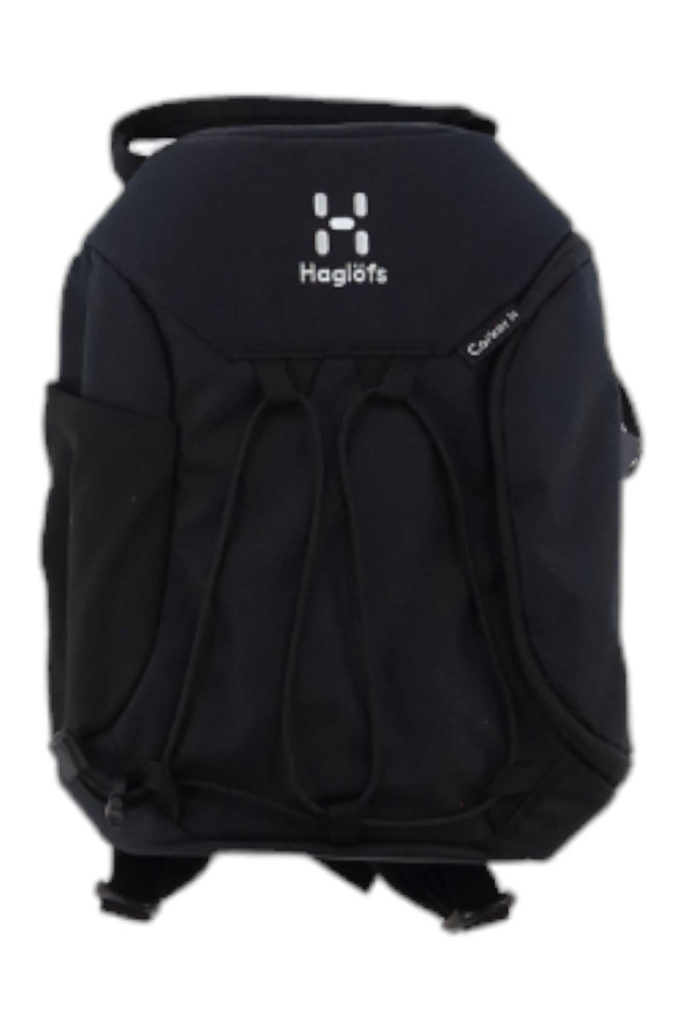 A black Haglofs Juniors Corker Backpack for kids, made from recycled polyester with the logo on top, features an external bungee cord and side pocket, shown against a white background.