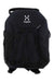 A black Haglofs Juniors Corker Backpack for kids, made from recycled polyester with the logo on top, features an external bungee cord and side pocket, shown against a white background.