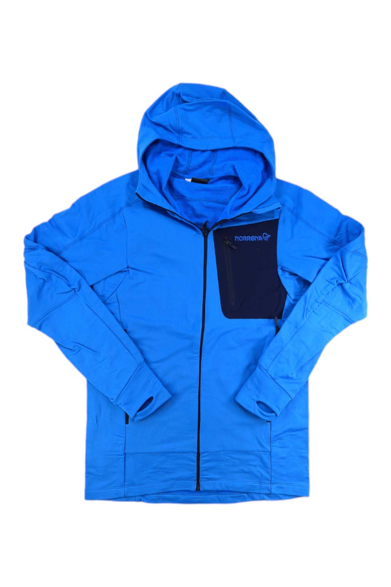 The Norrona Mens Falketind Power Grid Hooded Jacket is bright blue with long sleeves, a front zipper, Polartec Power Grid fabric, a small chest pocket with a black zipper, and the Norrona logo on the left chest. Displayed flat on white.