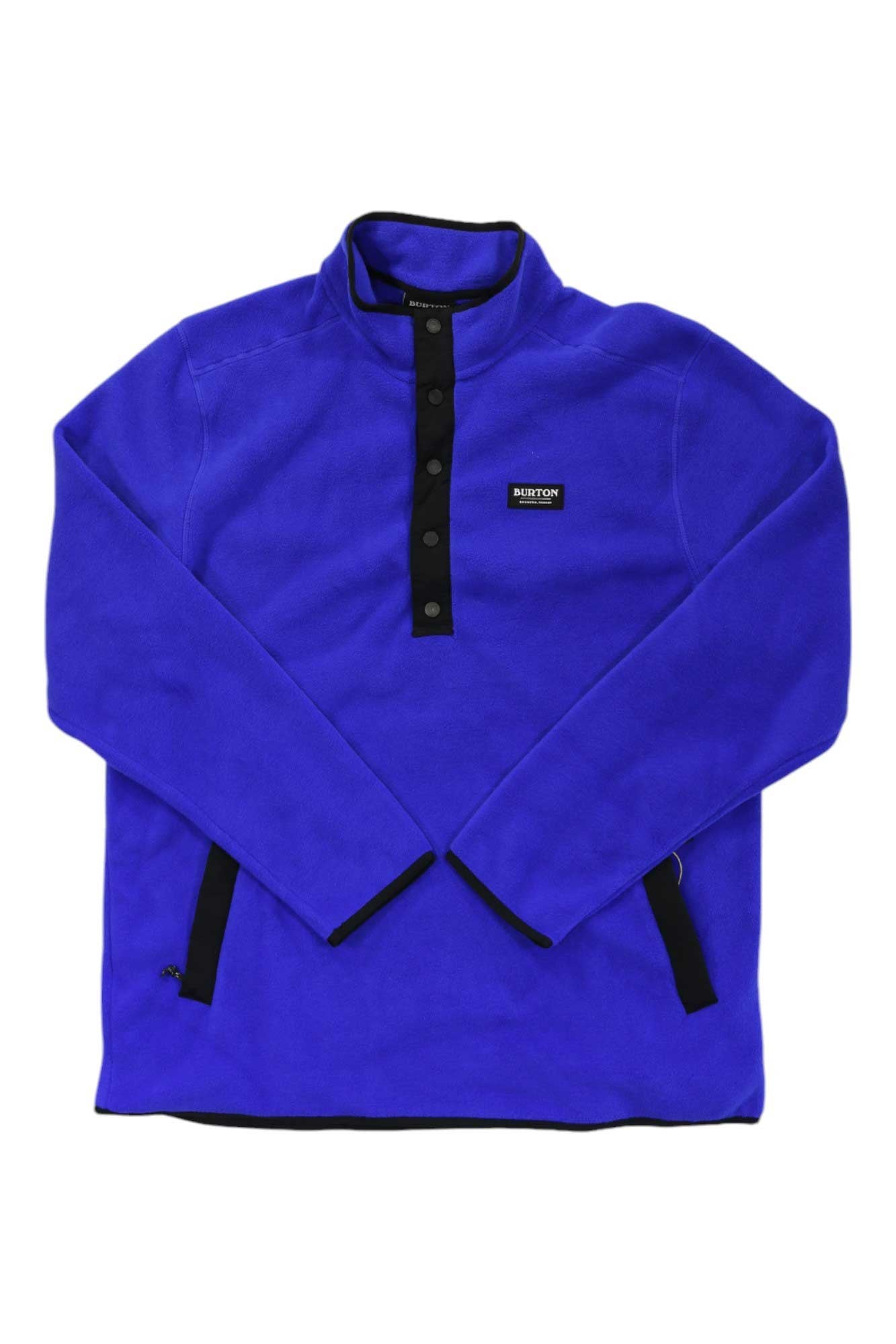 The Burton Men's Hearth Anorak is a bright blue Polartec fleece pullover with black buttons, black pocket and placket trim, made from recycled polyester, featuring a small rectangular logo patch on the left chest.