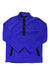 The Burton Men's Hearth Anorak is a bright blue Polartec fleece pullover with black buttons, black pocket and placket trim, made from recycled polyester, featuring a small rectangular logo patch on the left chest.
