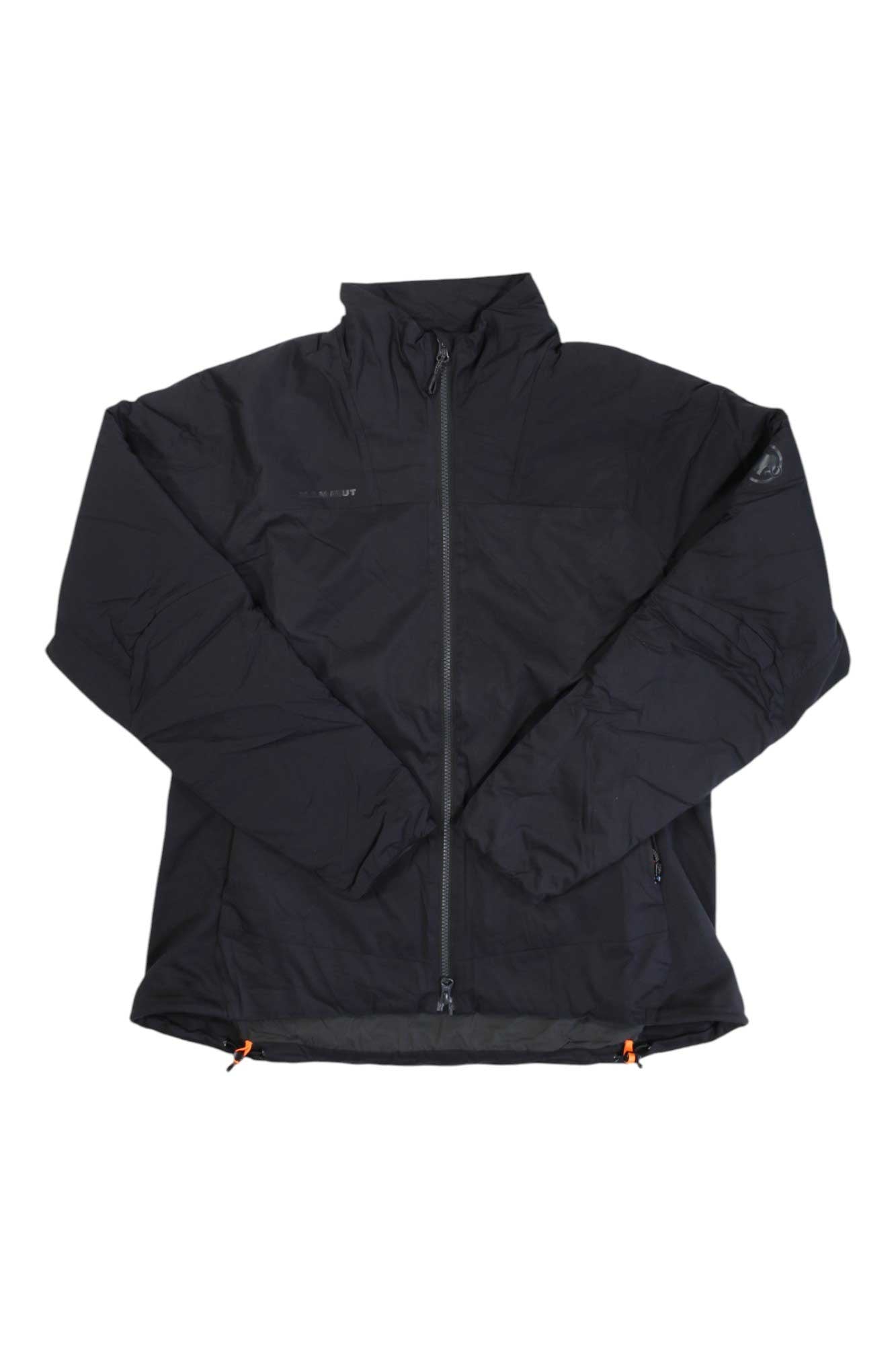 A black Mammut Womens Rime IN Hybrid Flex Jacket, featuring long sleeves, a zip-up front, and a high collar, is displayed flat on a white background. This lightweight insulated jacket provides breathable warmth and showcases subtle Mammut branding on the chest and an arm patch, while orange drawstring details at the hem add a stylish accent.