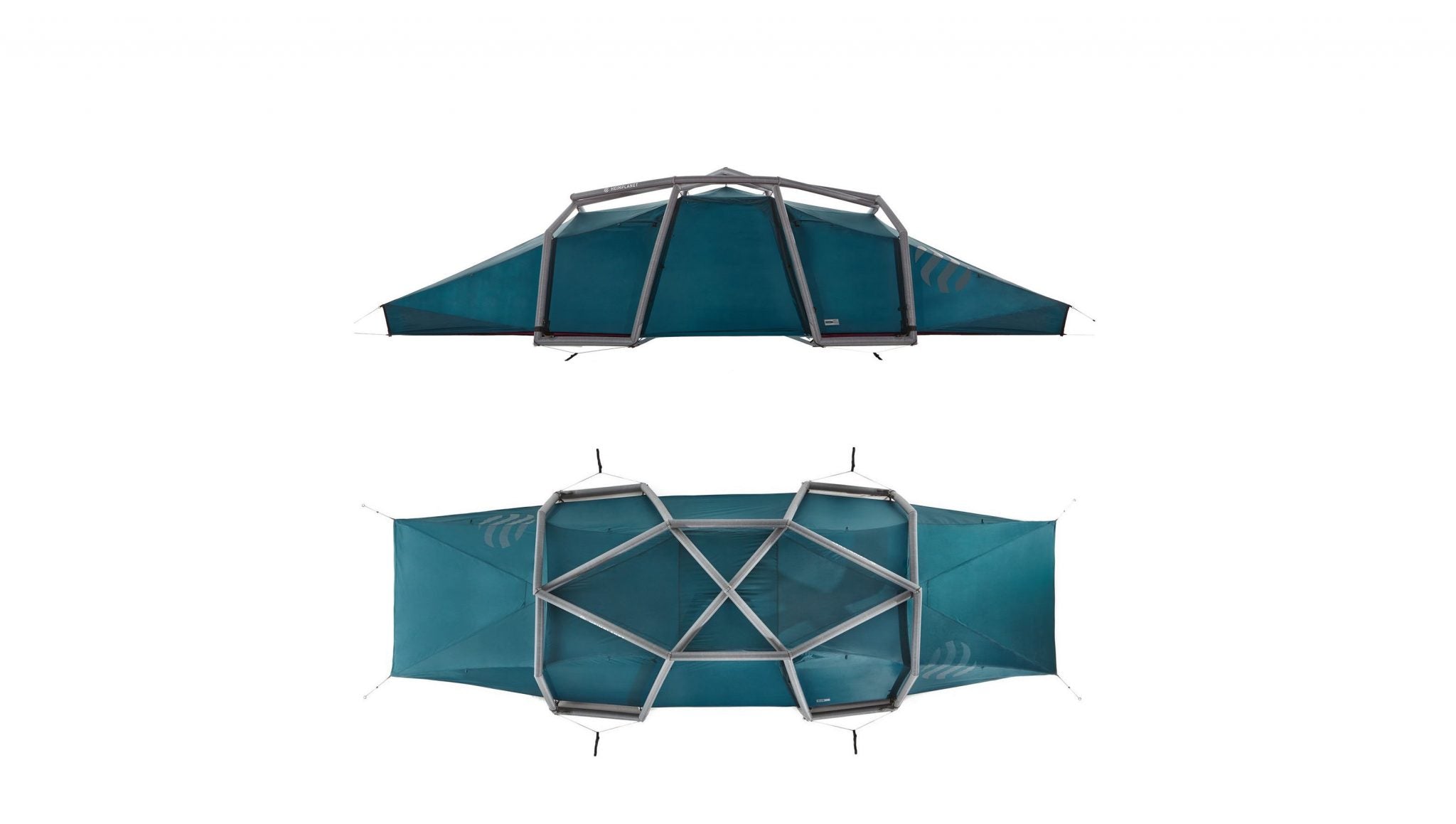 4–6 person inflatable tent, teal/blue with window panels and front door