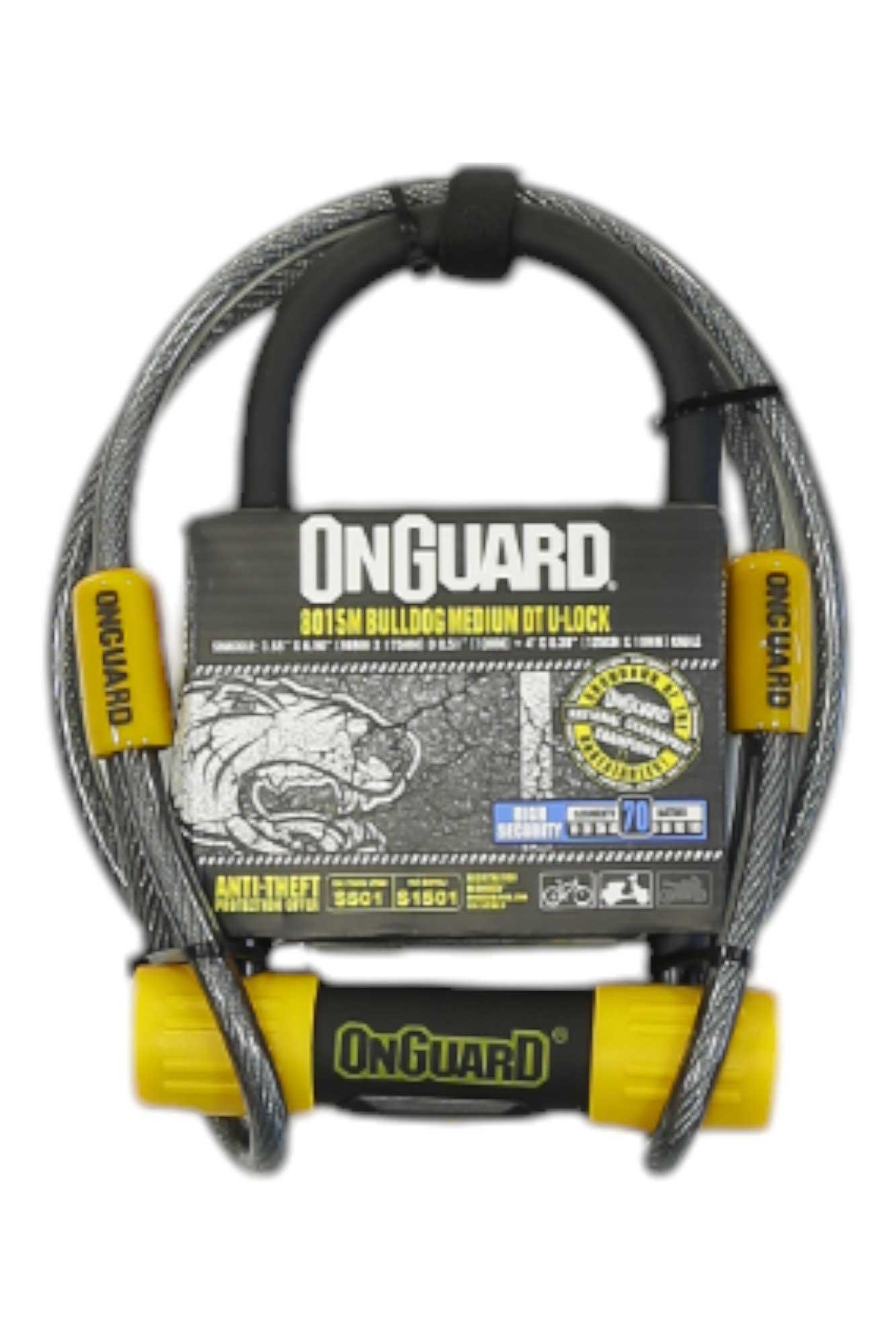 Cable padlock with black loop, yellow base, and OnGuard front label