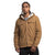 Men's brown hooded shirt jacket with sherpa-lined hood and flap chest pockets