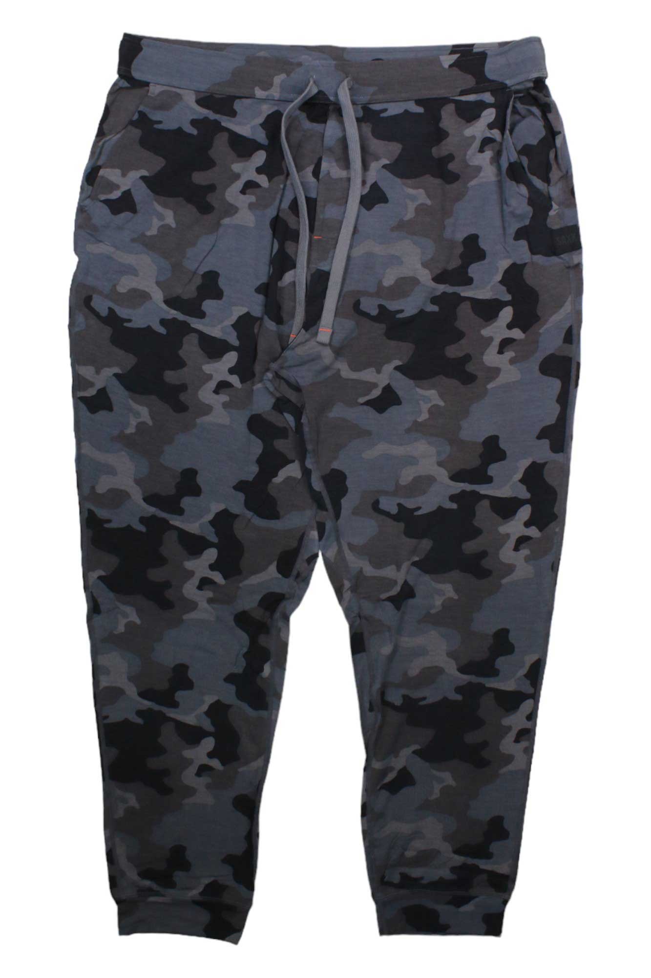 Men’s snooze pants in charcoal camo with elastic waist and drawstring, cuffed hems
