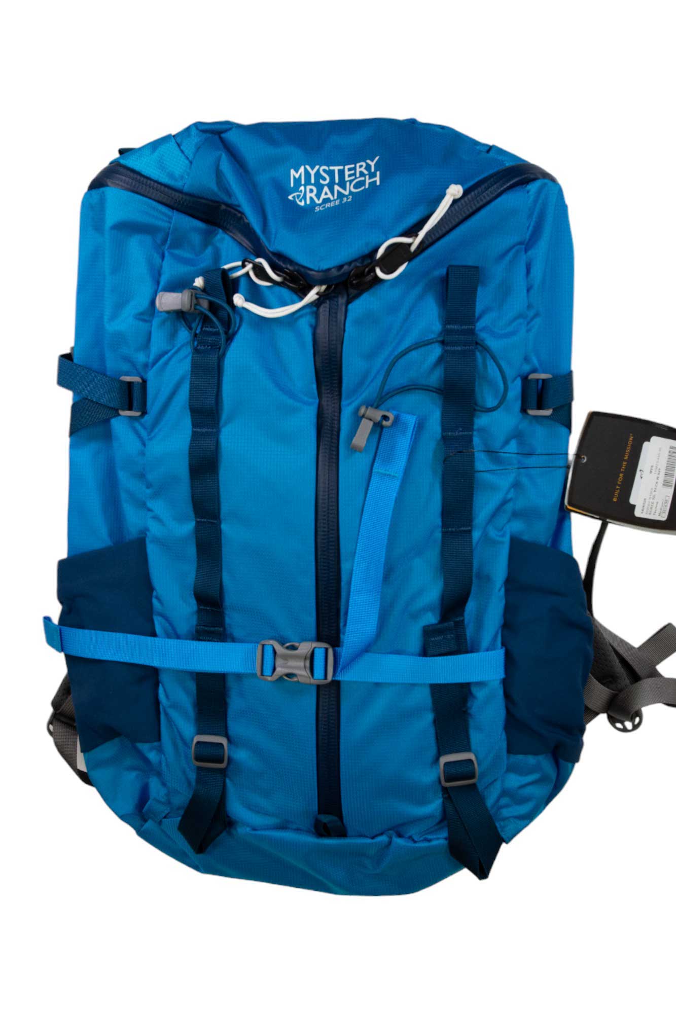 Blue hiking backpack with drawcord closure and adjustable shoulder straps