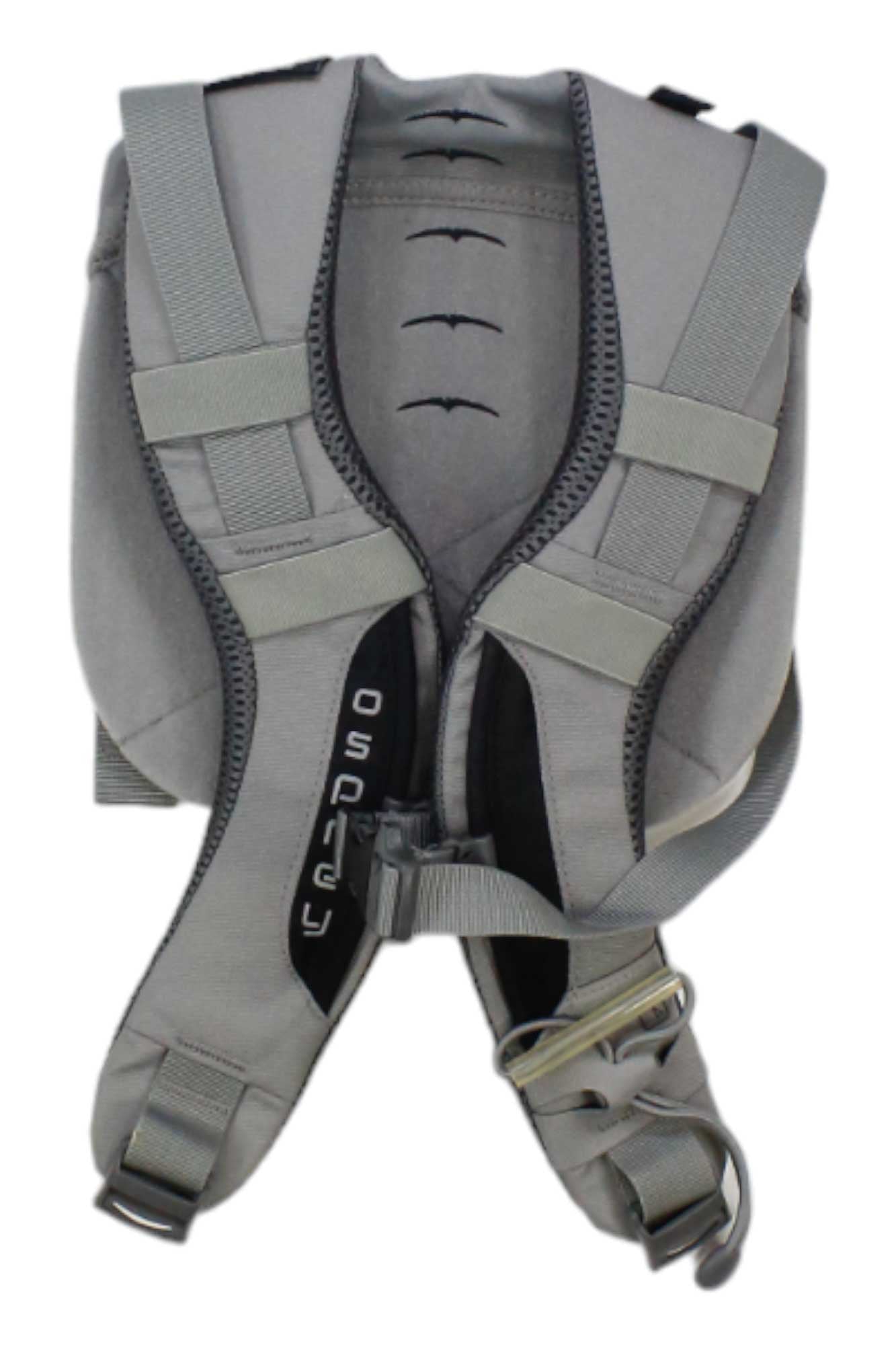 The Osprey Womens Isoform Harness is a gray backpack harness featuring adjustable straps, a center zipper, buckles, detailed stitching, and the Osprey logo on the left. It’s shown flat to highlight comfort and design features.