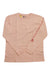 The Carhartt Women's Loose Fit Heavyweight Pocket LS T-Shirt is light pink with a round neckline, long sleeves, a pocket, and red graphic text down the right sleeve. The tee is displayed flat on a white background.