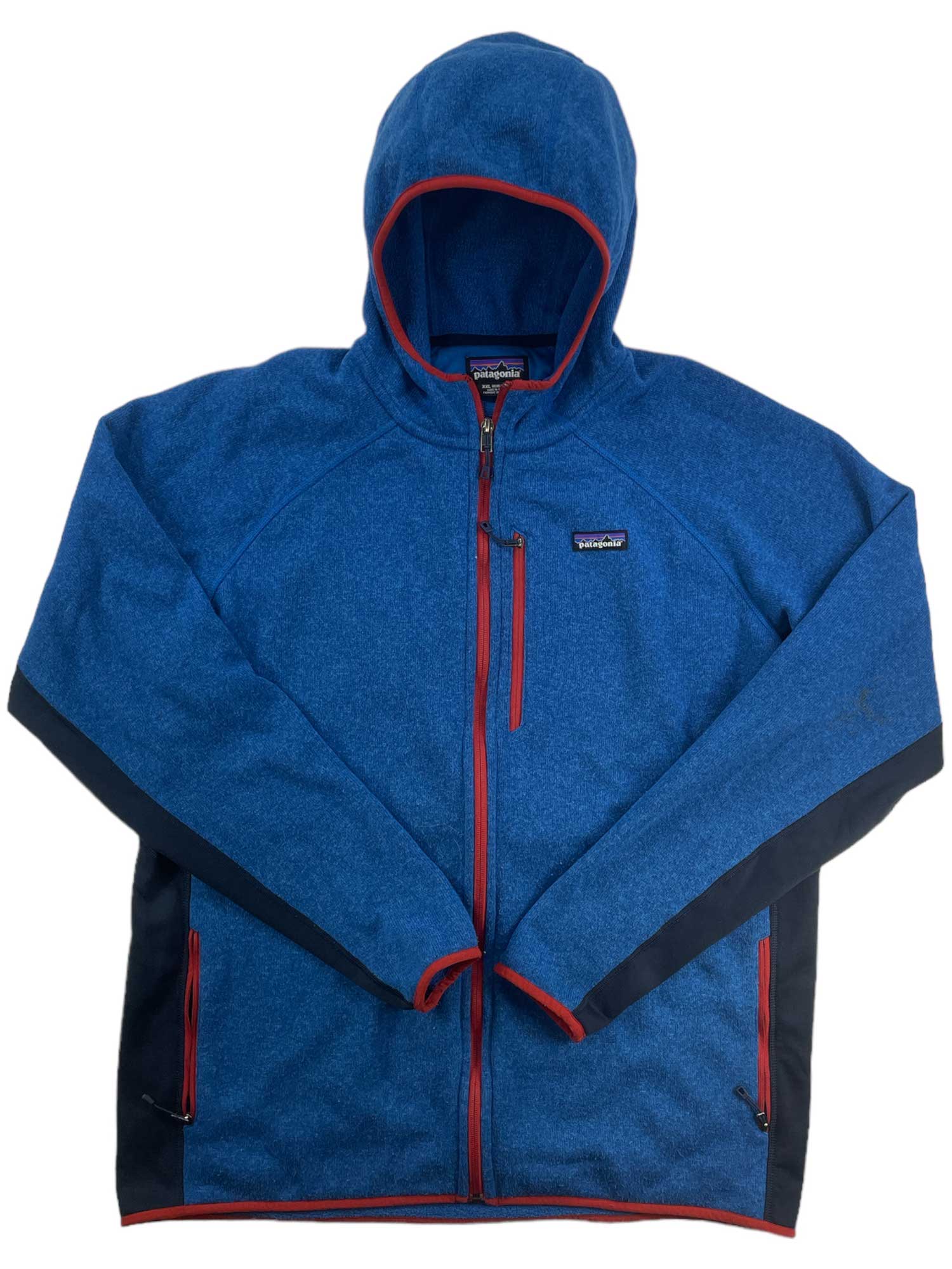 Men's blue fleece hoody with zip front, hood, and red trim detail