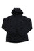 The Jack Wolfskin Womens Passamani Down Hoody, a black quilted hooded jacket with front zipper, windproof and water repellent, is displayed flat on a white background.