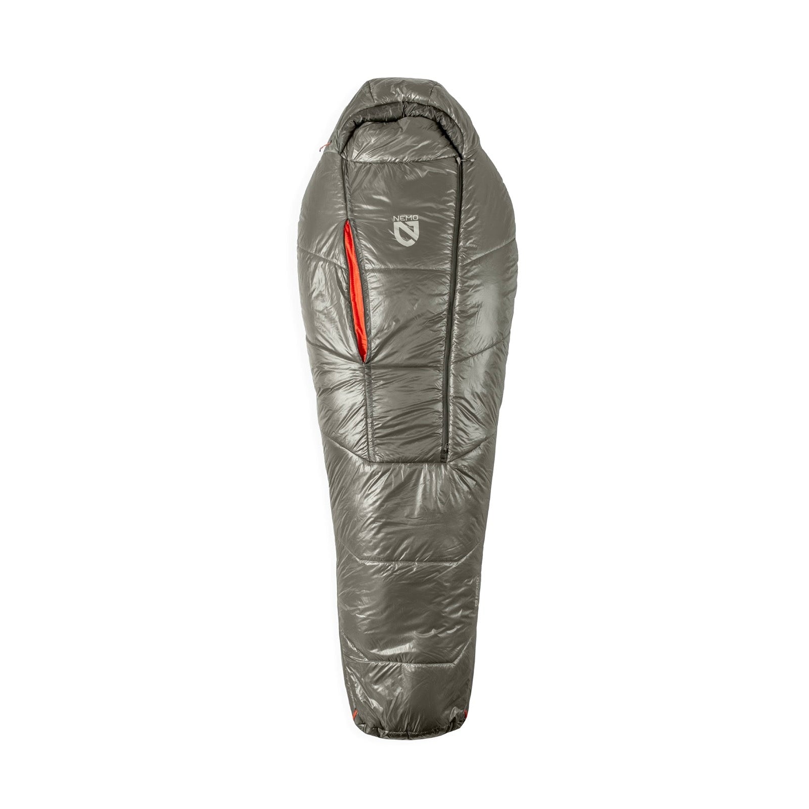 The Nemo Soul 15/25 Sleeping Bag, in gray with a hood and red zipper, is displayed on a white background. This ultralight mummy bag features shiny recycled synthetic insulation and has its logo on the chest area.