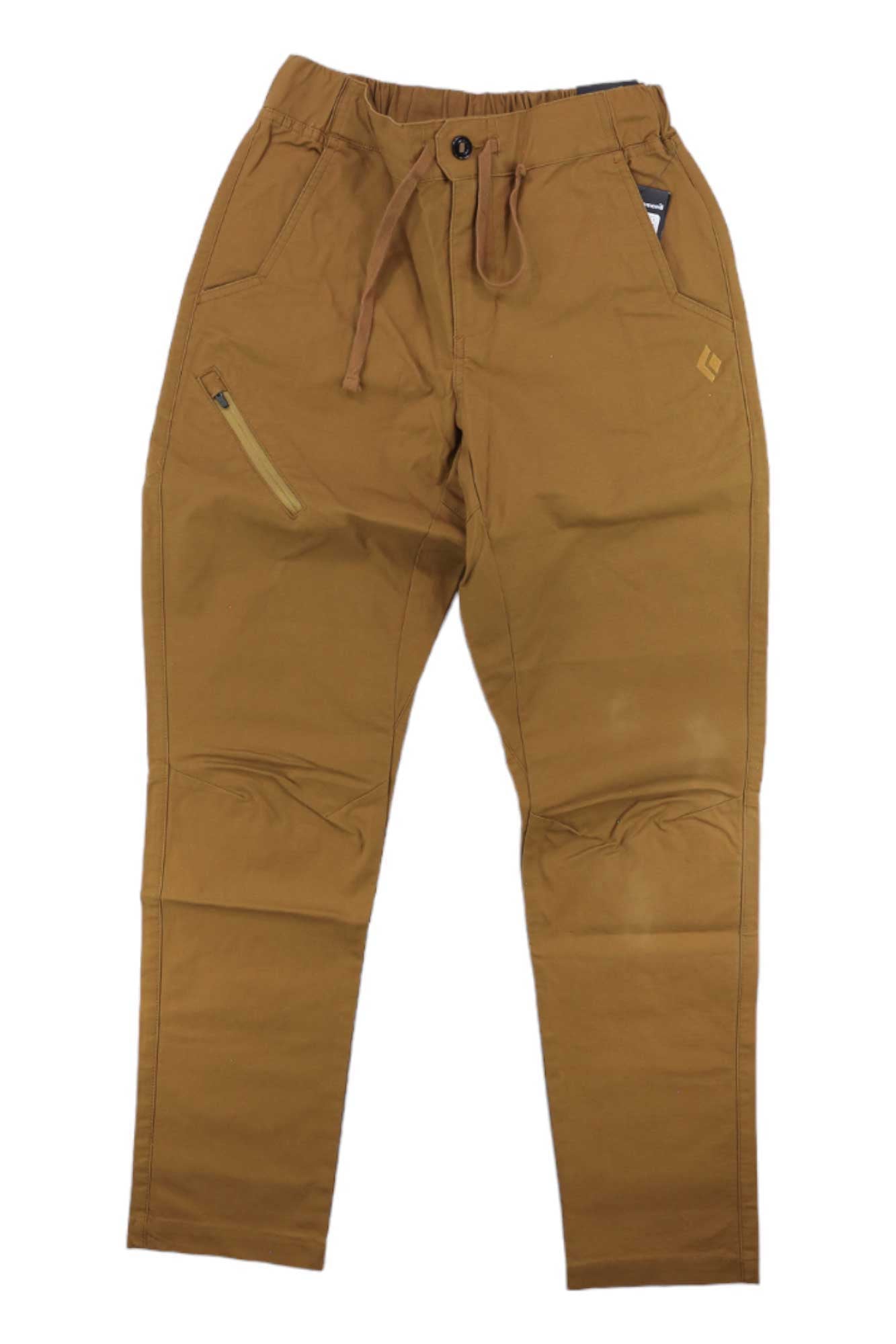 The Black Diamond Men's Rocklock Climb Pant, brown with an elastic waistband, drawstring, and left thigh zippered pocket, is displayed flat on a white background.