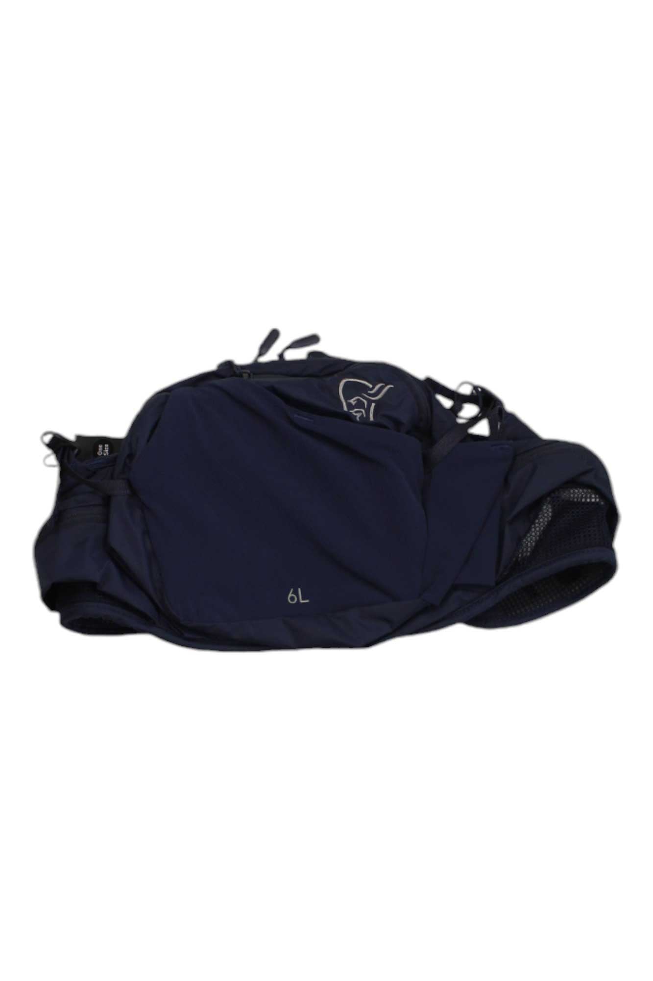 The Norrona Hip Pack is a navy blue outdoor bag made from durable Econyl, with multiple zippered compartments, mesh side pockets, and "6L" printed on the front—ideal for carrying essentials during outdoor activities.