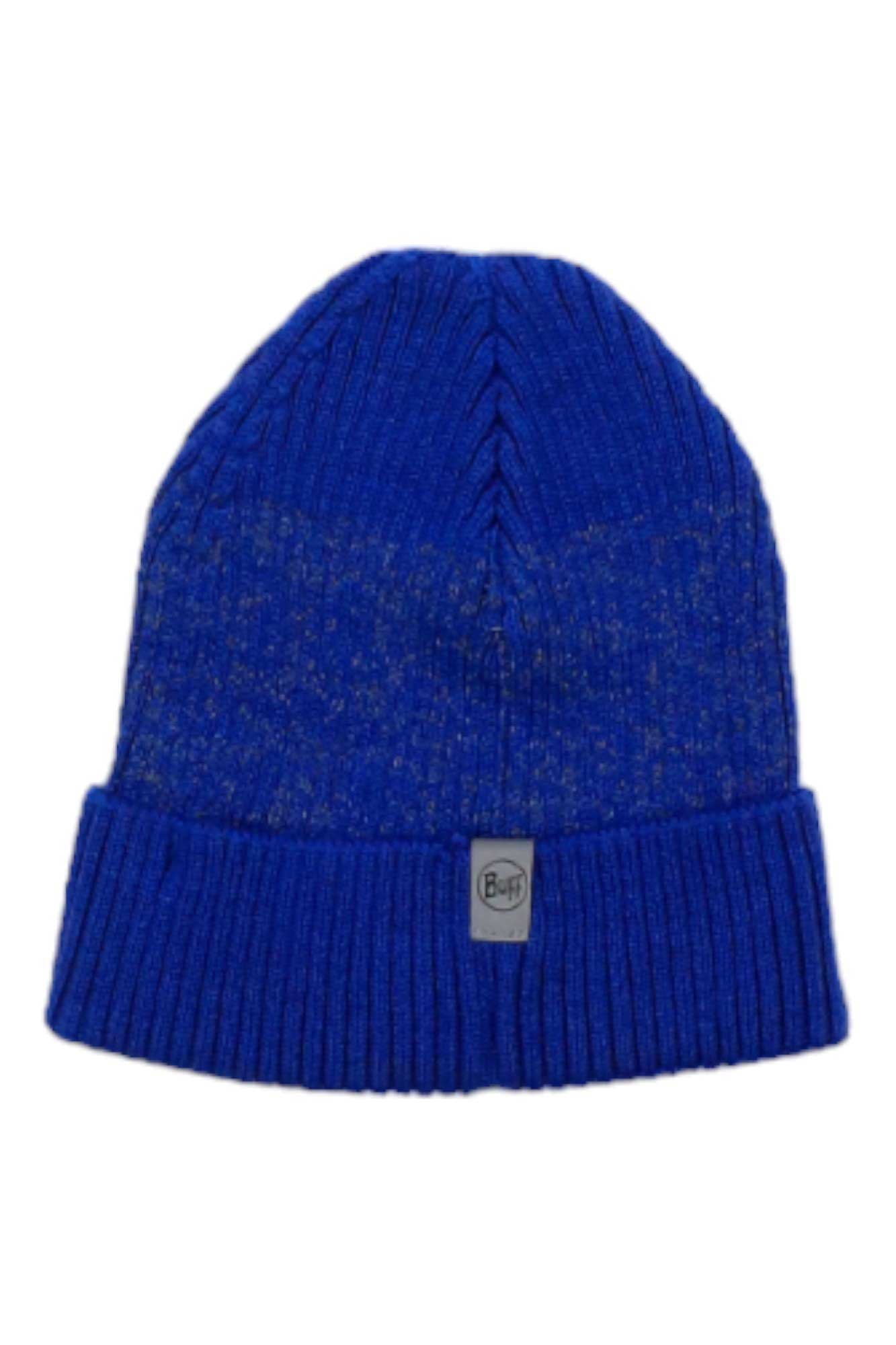 The Buff Merino Active Beanie is a bright blue, soft merino wool knit hat with a folded cuff and a small rectangular Buff logo tag on the front, shown against a white background.