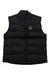 The Haglofs Mens Puffy Mimic Vest is a black insulated vest with a high collar and front zipper, featuring the Haglöfs logo in white on the left chest—ideal for hiking and outdoor adventures.