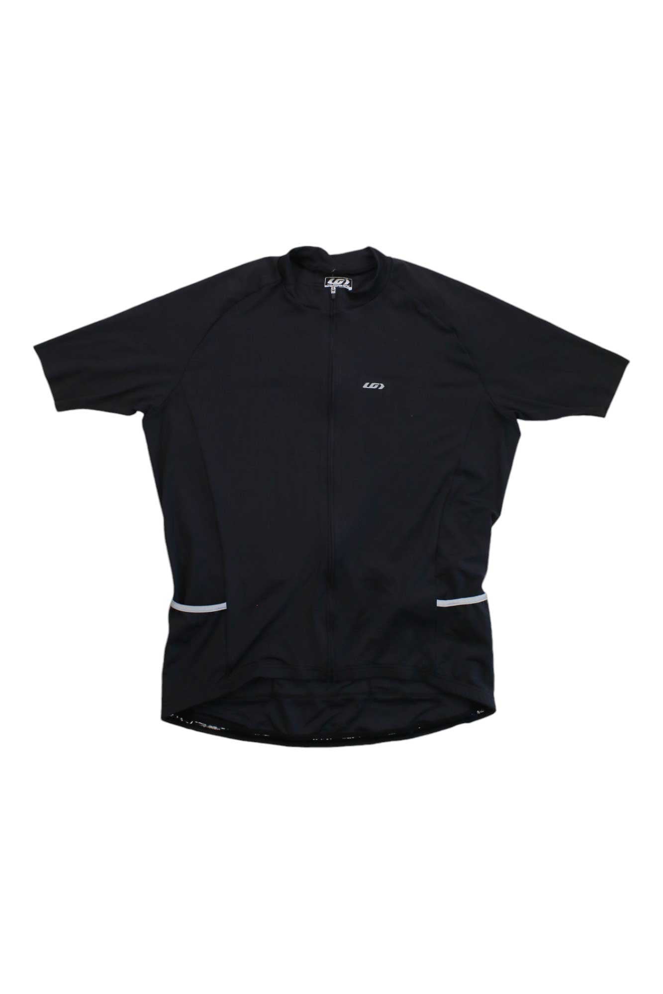 Men's black cycling jersey with full front zipper, short sleeves, white cuff trim