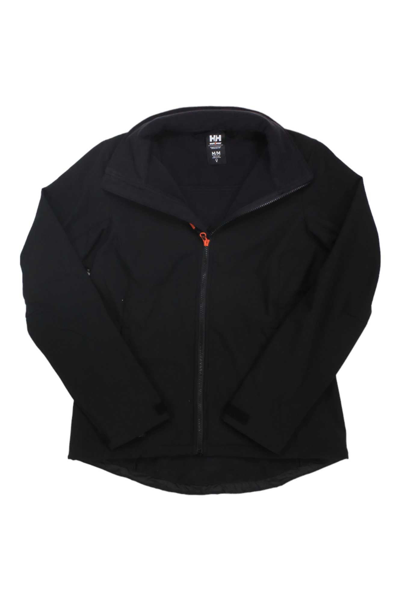 A Helly Hansen Women's Luna Softshell Jacket in black, featuring long sleeves, a small collar, and a central zipper, is laid flat on a white background with the jacket label visible inside the collar.