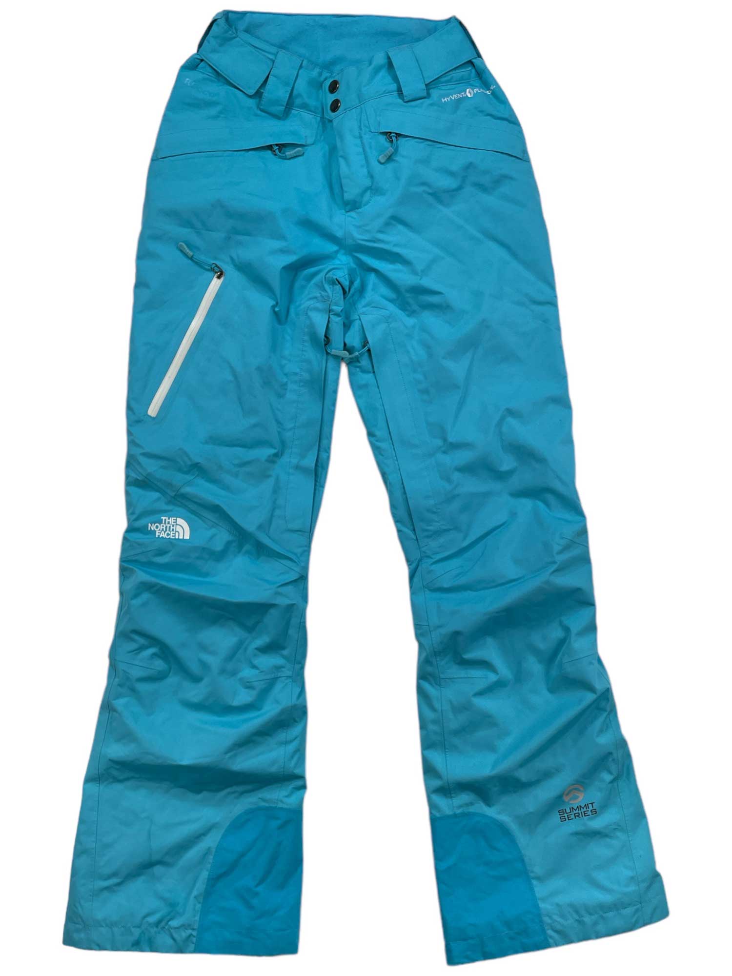 Teal waterproof snow pants with button waist, thigh pocket openings, and cuff tabs