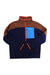 The Cotopaxi Mens Abrazo Half-Zip Fleece Jacket is made with recycled polyester and features a brown upper, navy lower, blue chest pocket, orange zipper and trim, plus long sleeves and a stand-up collar.