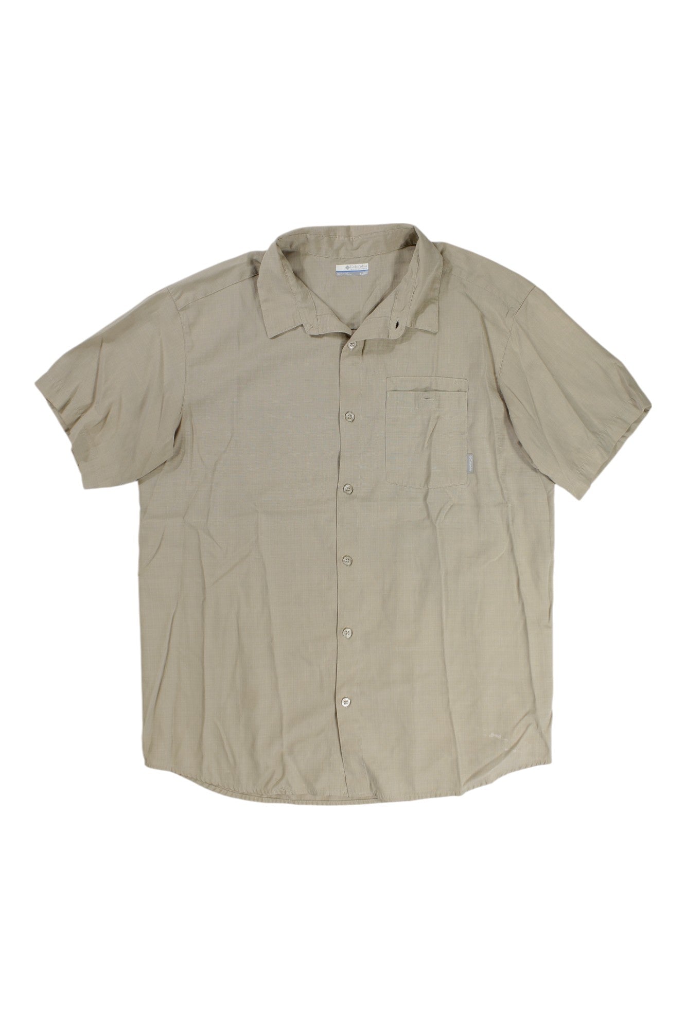 The Columbia Men's Short Sleeve Button Up Shirt in beige features a collar and chest pocket, displayed flat on a white background.