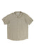 The Columbia Men's Short Sleeve Button Up Shirt in beige features a collar and chest pocket, displayed flat on a white background.