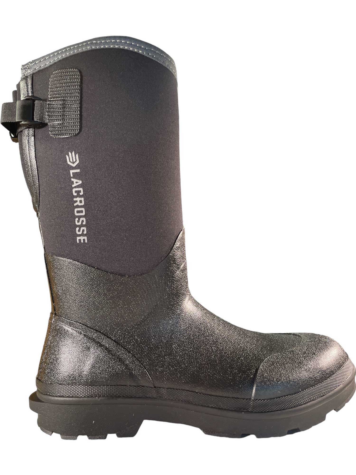 The Lacrosse Men's Alpha Range 14IN 5mm Neoprene Boot is a black, waterproof boot with a textured rubber lower, neoprene upper, adjustable top strap, and white LaCrosse logo—perfect for men's outdoor adventures.