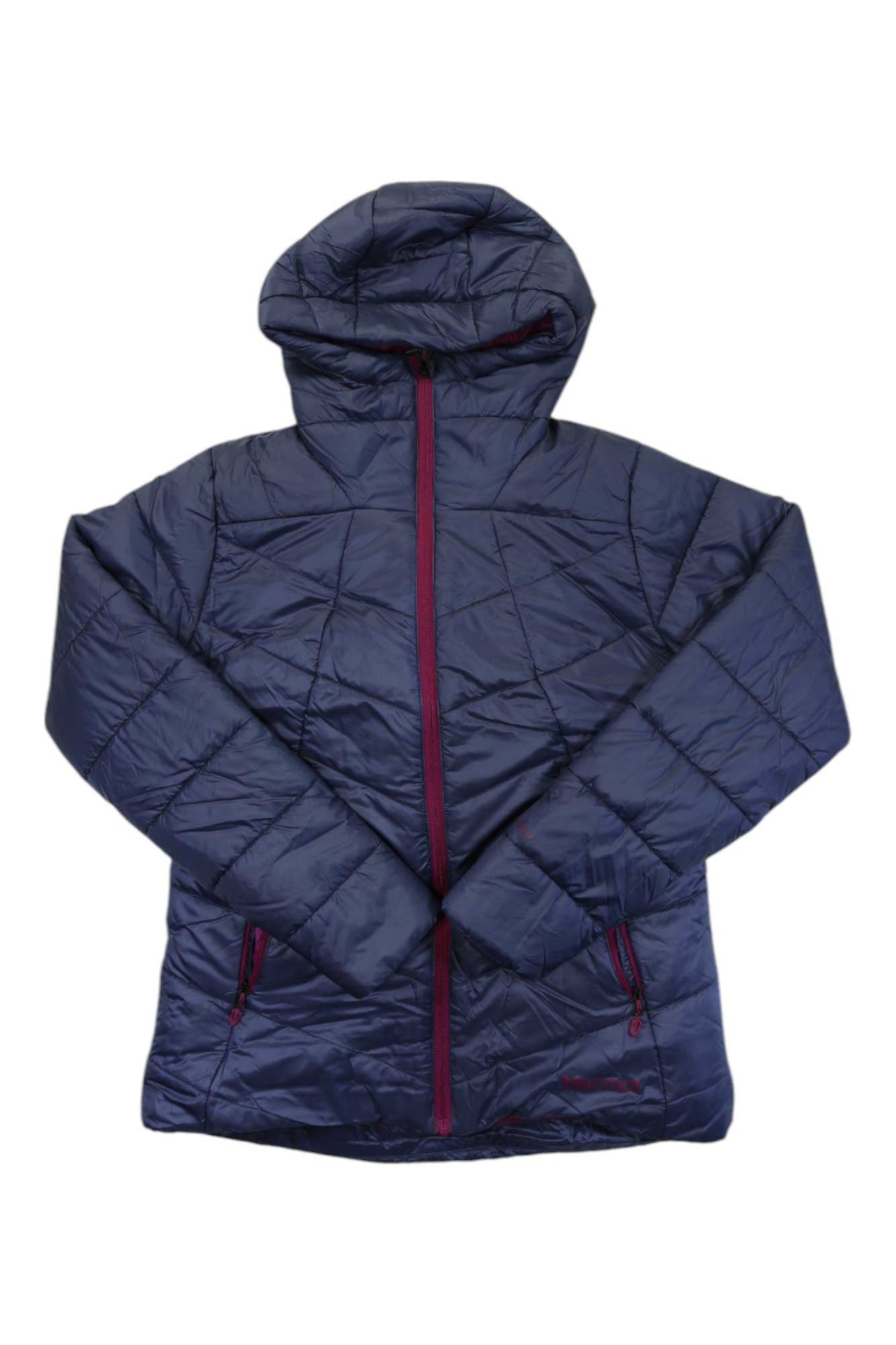 A navy blue Womens WarmCube Featherless Hoody with synthetic insulation, hood, maroon zipper, and maroon zippered pockets is laid flat on a white background.
