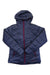 A navy blue Womens WarmCube Featherless Hoody with synthetic insulation, hood, maroon zipper, and maroon zippered pockets is laid flat on a white background.