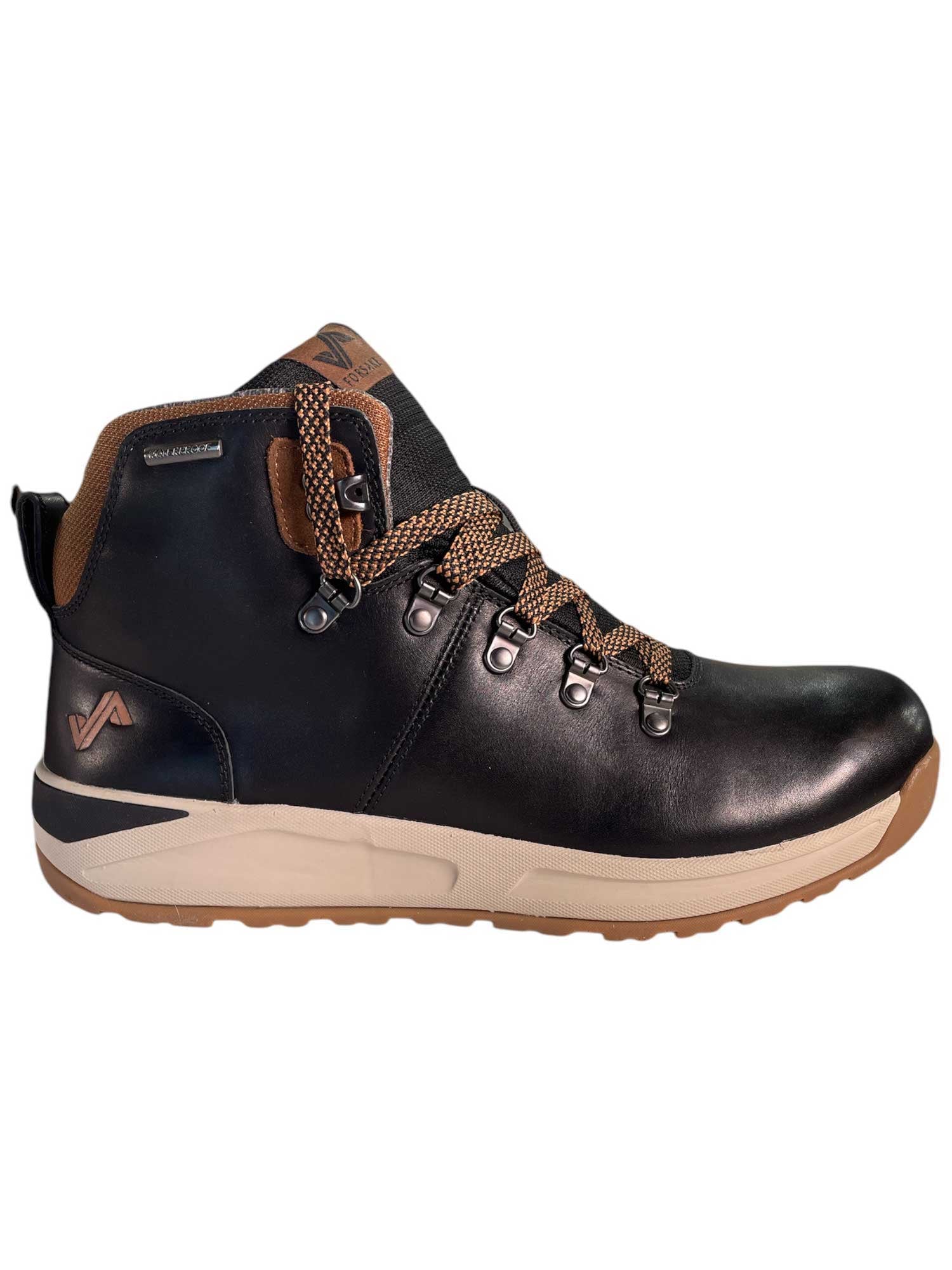 The Forsake Men's Halden is a black and brown hiking boot with a tan rubber sole, composite shank for support, brown and black patterned laces, metal eyelets, padded collar, brown inner lining, and a small side logo near the heel.