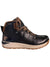 The Forsake Men's Halden is a black and brown hiking boot with a tan rubber sole, composite shank for support, brown and black patterned laces, metal eyelets, padded collar, brown inner lining, and a small side logo near the heel.