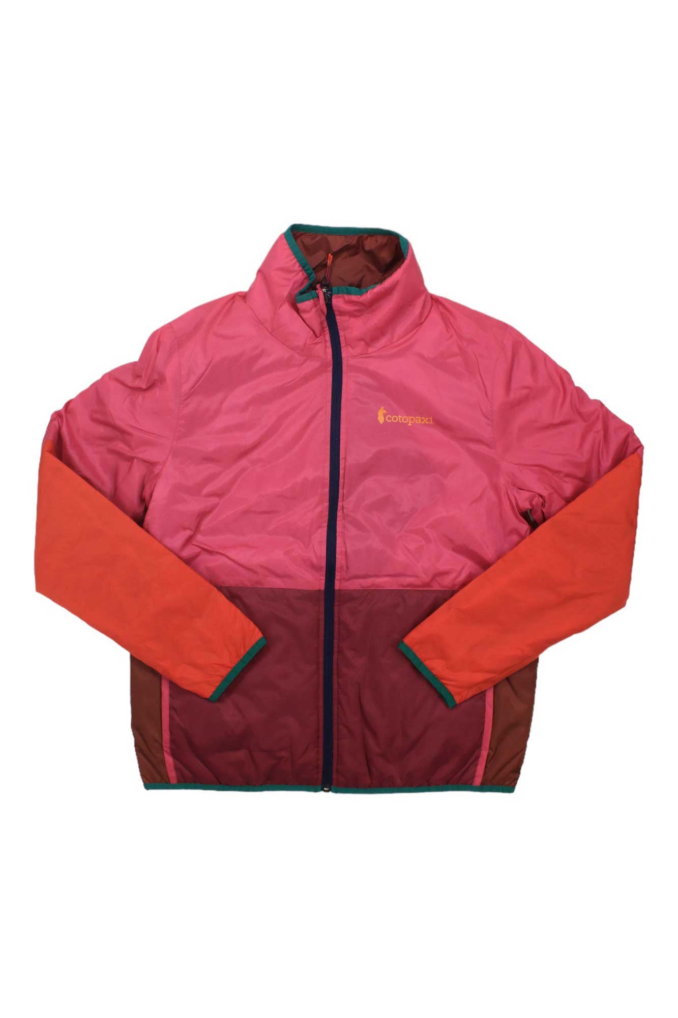 The Cotopaxi Women's Teca Calido Jacket is an insulated, recycled polyester jacket with a pink top, maroon bottom, orange sleeves, front zipper, side pockets, and yellow Cotopaxi embroidery on the left chest.