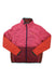 The Cotopaxi Women's Teca Calido Jacket is an insulated, recycled polyester jacket with a pink top, maroon bottom, orange sleeves, front zipper, side pockets, and yellow Cotopaxi embroidery on the left chest.