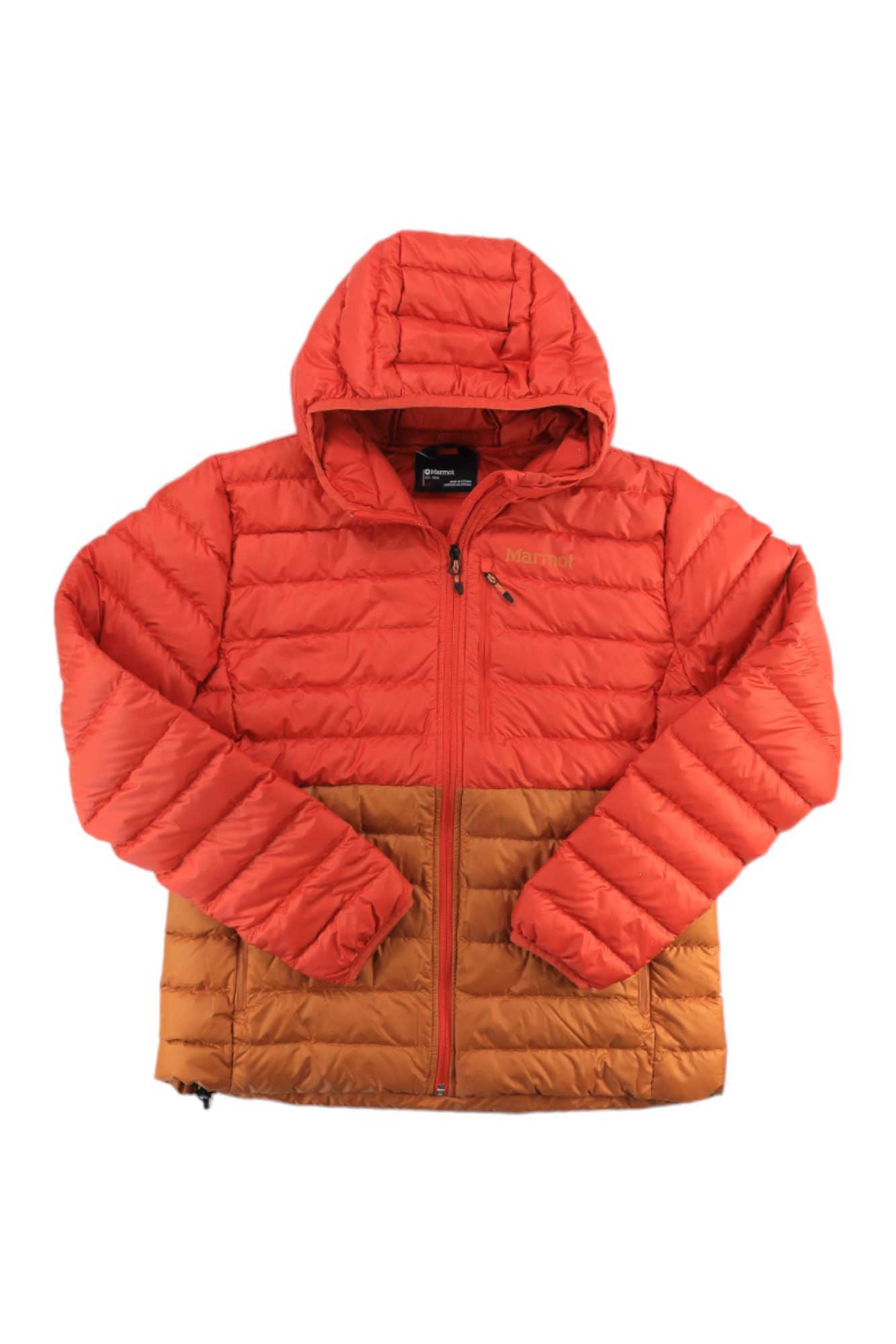 The Womens Highlander Down Hoody is a lightweight, windproof down jacket with a quilted design, bright orange top and sleeves, brown lower section, hood, front zipper, and two zippered pockets.