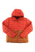 The Womens Highlander Down Hoody is a lightweight, windproof down jacket with a quilted design, bright orange top and sleeves, brown lower section, hood, front zipper, and two zippered pockets.