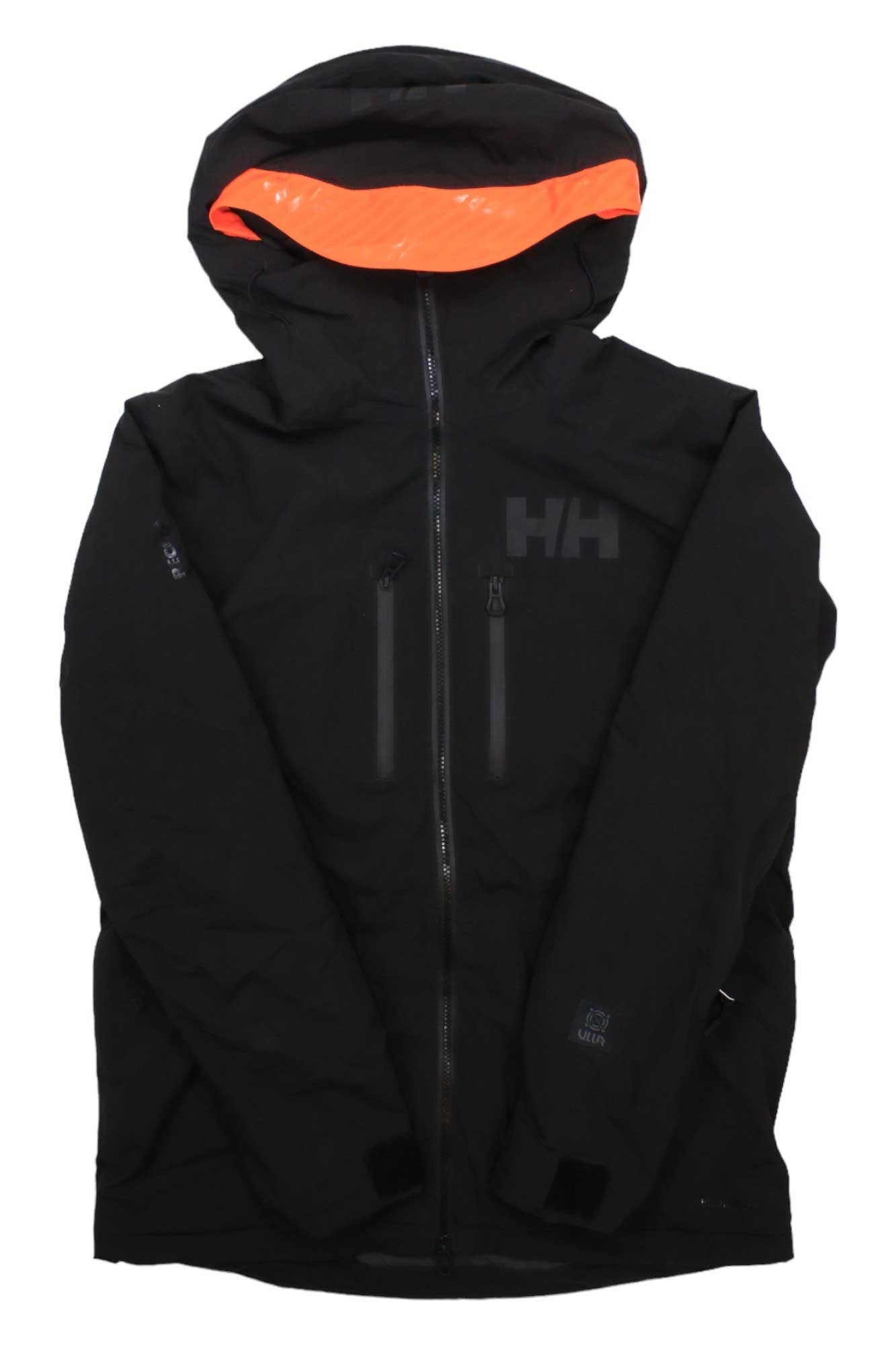 The Helly Hansen Mens Garibaldi Infinity Jacket is black with a front zipper, two vertical zippered chest pockets, an orange-lined hood, and chest HH logo. It features lightweight PrimaLoft Eco insulation for warmth.