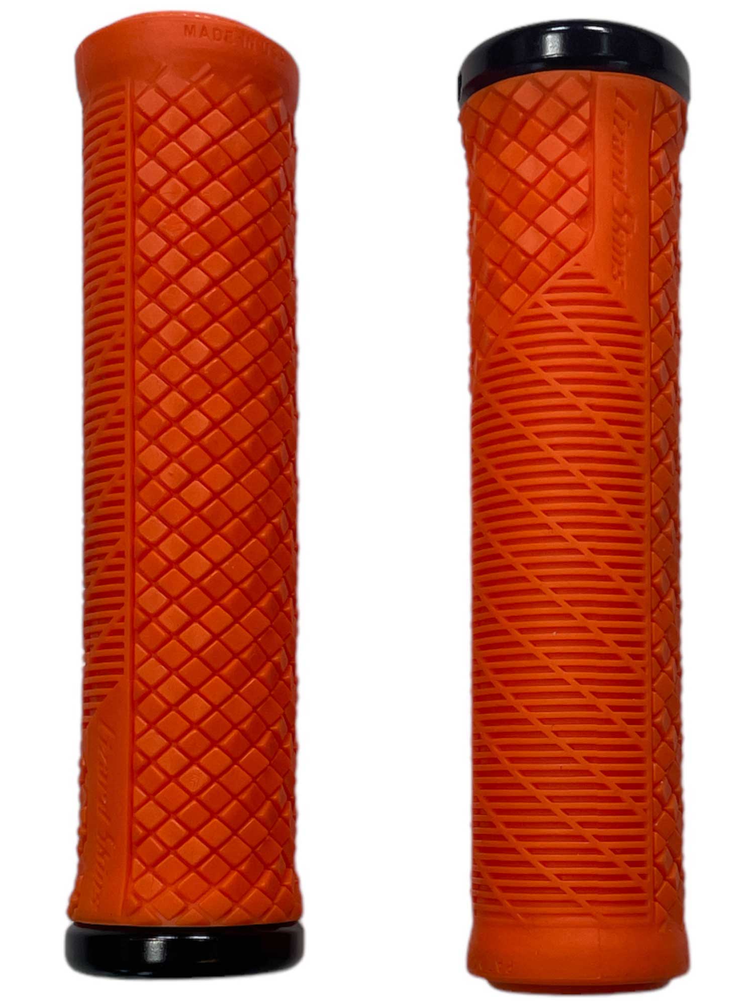 The Lizard Skins Charger Evo Single-Sided Lock-On Grips are shown in orange rubber with black end caps. Each grip features a unique textured pattern—one with diamond tread and one with diagonal lines—for better control.