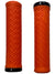 The Lizard Skins Charger Evo Single-Sided Lock-On Grips are shown in orange rubber with black end caps. Each grip features a unique textured pattern—one with diamond tread and one with diagonal lines—for better control.